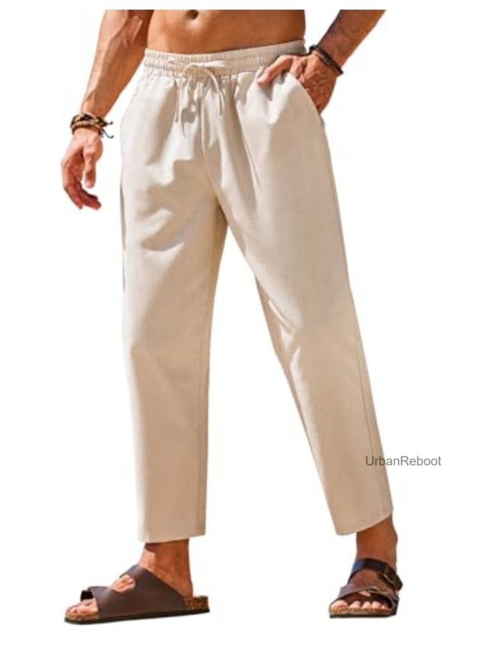 Mens Linen Casual Pants Elastic Drawstring Trousers Summer Beach